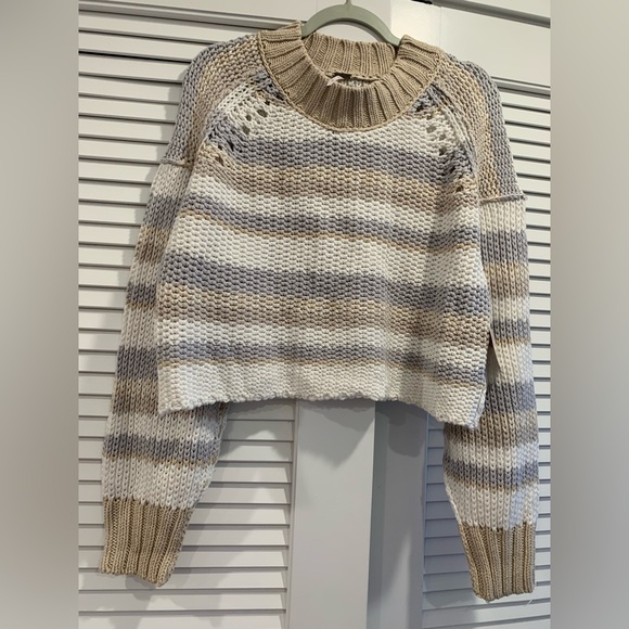 NWT Free People Devon cropped open knit sweater stripes natural colors size M - Picture 4 of 9